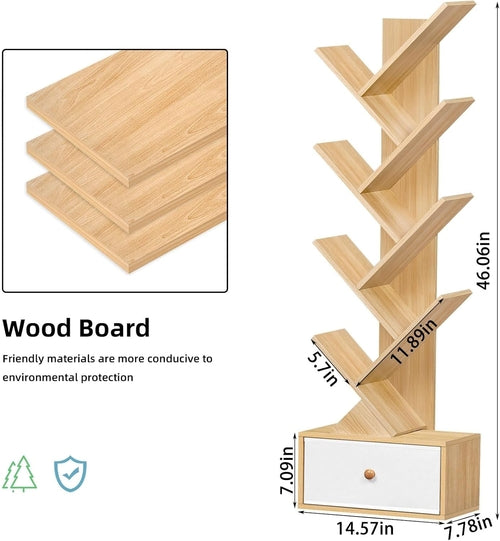 8 Tier Tree Bookshelf With Drawer Natural Wood Bookcase