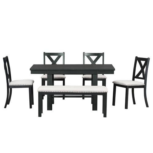 Farmhouse 82inch 6-Piece Extendable Dining Table with Footrest, 4