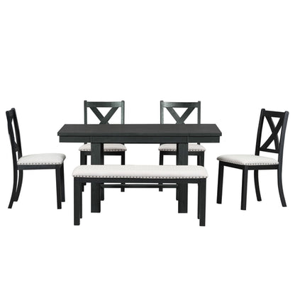Farmhouse 82inch 6-Piece Extendable Dining Table with Footrest, 4