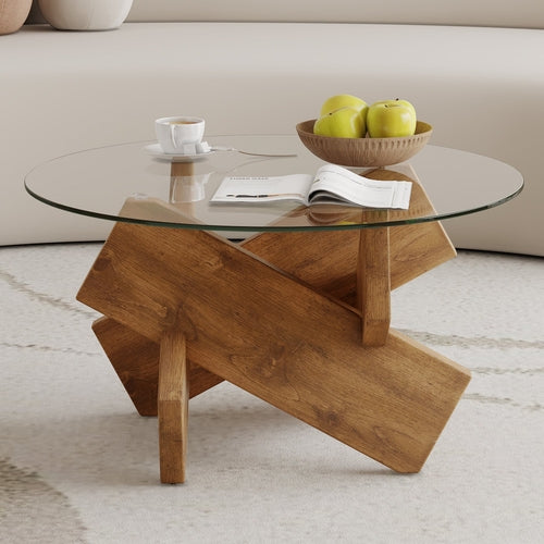 Modern Round Glass Coffee Table – 33.4" Tempered Glass Top with MDF