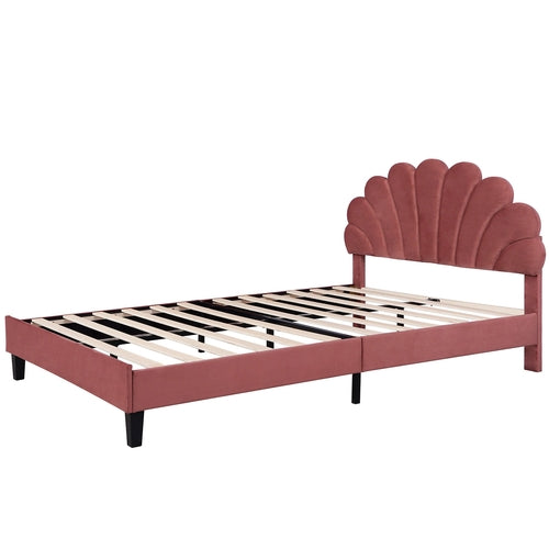Upholstered Platform Bed with Flower Pattern Velvet Headboard