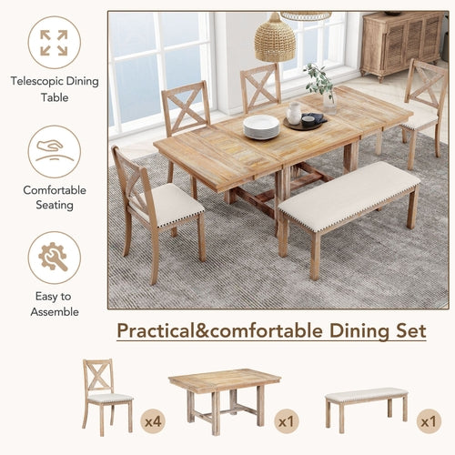 Farmhouse 82inch 6-Piece Extendable Dining Table with Footrest, 4