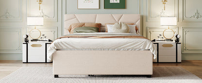 Queen Size Upholstered Platform Bed with Brick Pattern Headboard and