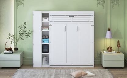 Queen Size Murphy Bed Wall Bed with Shelves, Wardrobe and LED Lights