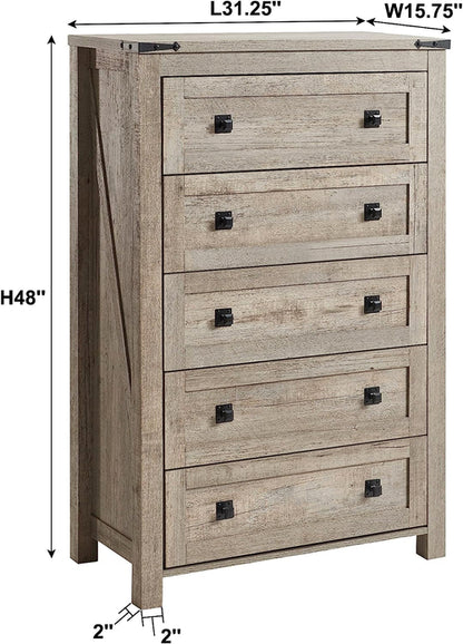 Rustic Oak Tall Dresser 5 Drawer Chest For Bedroom