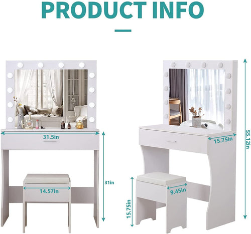 White Vanity Table With Lighted Mirror And Large Drawer