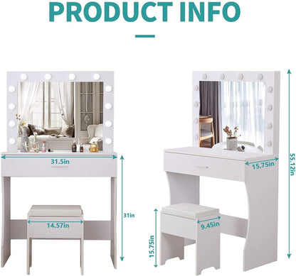 White Vanity Table With Lighted Mirror And Large Drawer