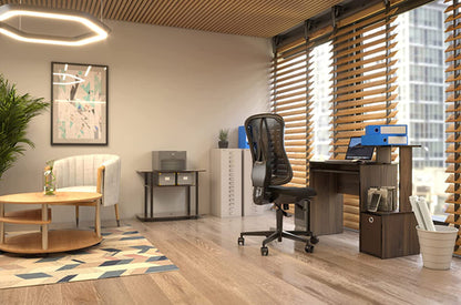 Walnut Compact Desk With Keyboard Tray And Shelves