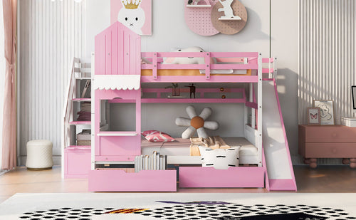 Full-Over-Full Castle Style Bunk Bed with 2 Drawers, 3 Shelves and