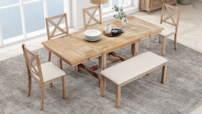 Farmhouse 82inch 6-Piece Extendable Dining Table with Footrest, 4