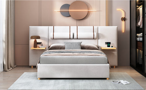 Upholstered Platform Bed with Outlets, USB Ports, Pillows and Storage