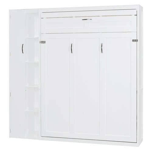 Queen Size Murphy Bed Wall Bed with Shelves, Wardrobe and LED Lights