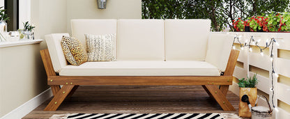 Outdoor Adjustable Patio Wooden Daybed Sofa Chaise Lounge with