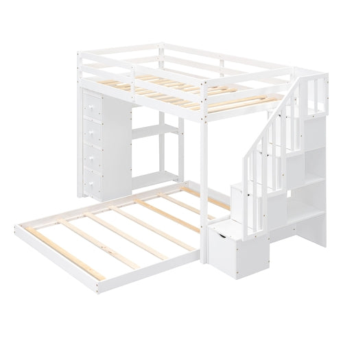 Twin Over Full Bunk Bed with 3-layer Shelves, Drawers and Storage