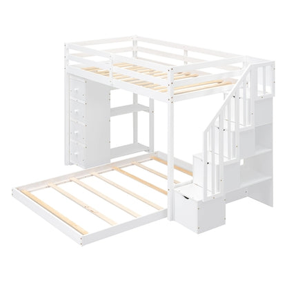 Twin Over Full Bunk Bed with 3-layer Shelves, Drawers and Storage