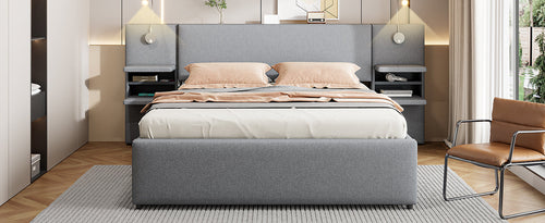 Queen Size Upholstered Platform Bed with Reading Lights, Drawers,