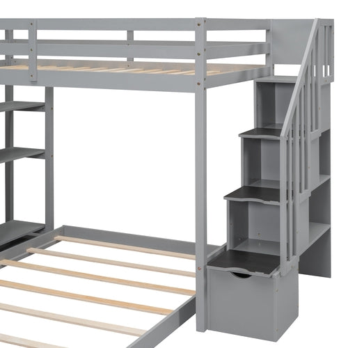 Twin Over Full Bunk Bed with 3-layer Shelves, Drawers and Storage