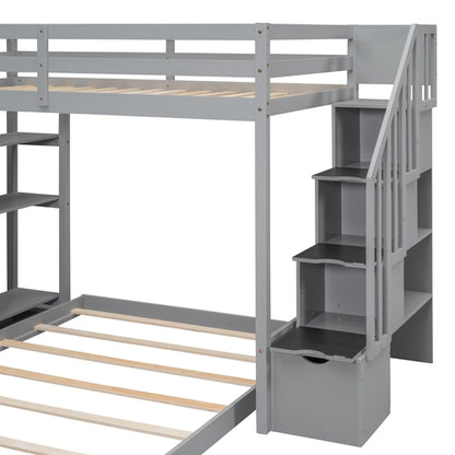 Twin Over Full Bunk Bed with 3-layer Shelves, Drawers and Storage