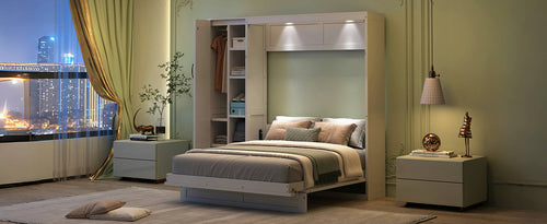 Queen Size Murphy Bed Wall Bed with Shelves, Wardrobe and LED Lights