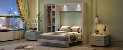 Queen Size Murphy Bed Wall Bed with Shelves, Wardrobe and LED Lights