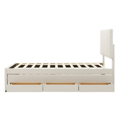 Upholstered Platform Bed with Trundle and 3 Drawers, Linen Fabric