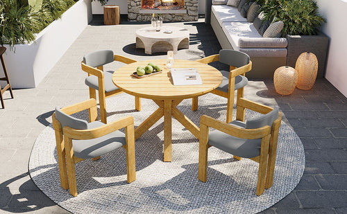 5-Piece Outdoor Acacia Wood Round Dining Set, Solid Wood Patio Table