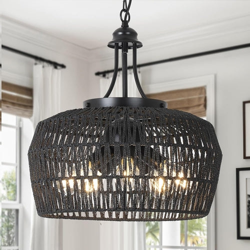 5-Light Black Rattan Chandelier Farmhouse Dining Room