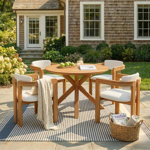 5-Piece Outdoor Acacia Wood Round Dining Set, Solid Wood Patio Table
