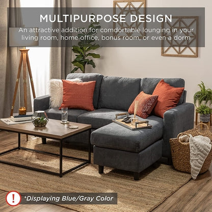 Compact Beige Linen Sectional Sofa With Chaise And Reversible Ottoman