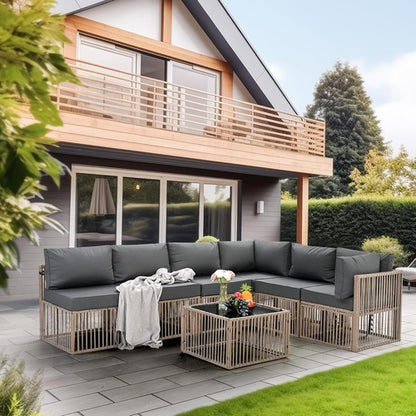 Brown Rattan Outdoor Conversation Set With Gray Cushions