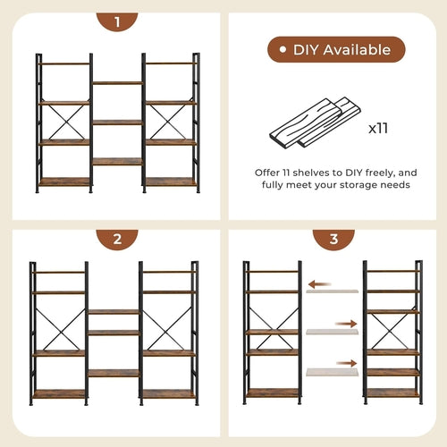 Triple 4 Tier Bookshelf, Bookcase with 11 Open Display Shelves, Wide