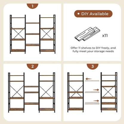 Triple 4 Tier Bookshelf, Bookcase with 11 Open Display Shelves, Wide