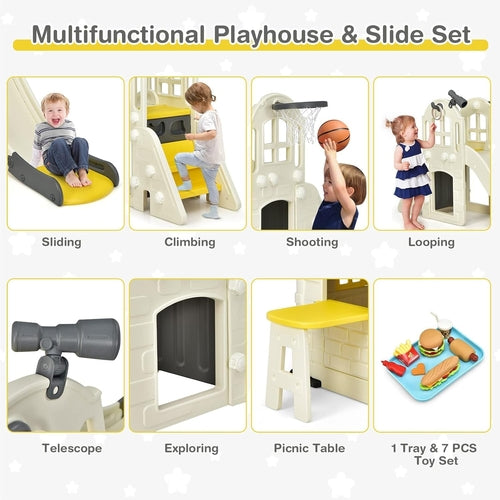7-in-1 Kids Playhouse Slide Cottage Picnic Yellow