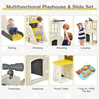 7-in-1 Kids Playhouse Slide Cottage Picnic Yellow