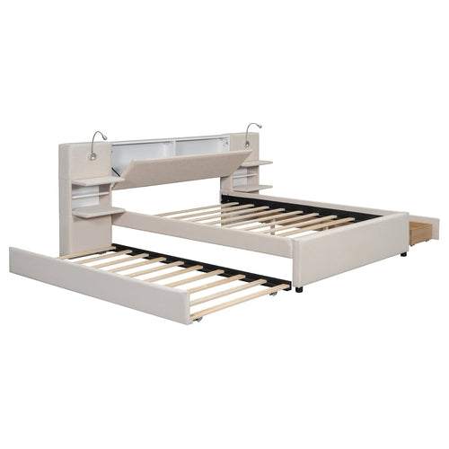 Queen Size Upholstered Platform Bed with Reading Lights, Drawers,