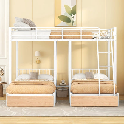 Full Over Twin & Twin Bunk Bed, Metal Triple Bunk Bed with Drawers and