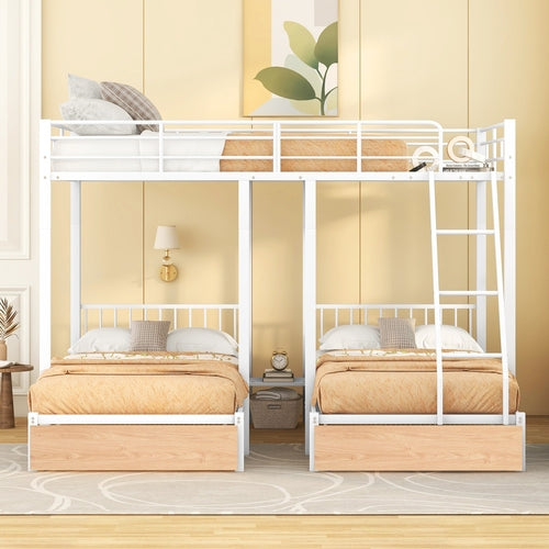 Bunk Bed White Metal & Wood with Storage for Bedroom and Guest Room