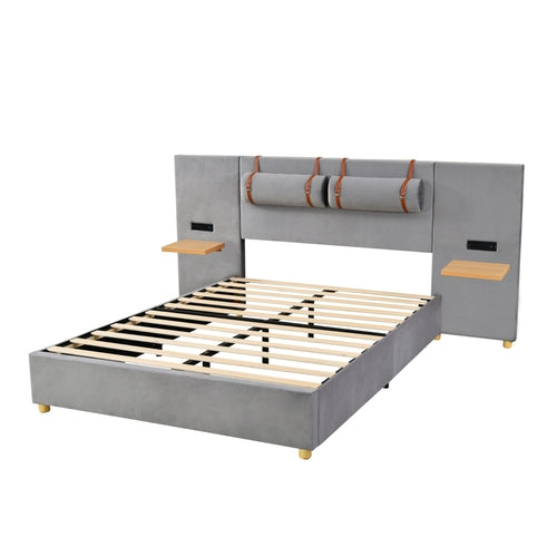 Upholstered Platform Bed with Outlets, USB Ports, Pillows and Storage