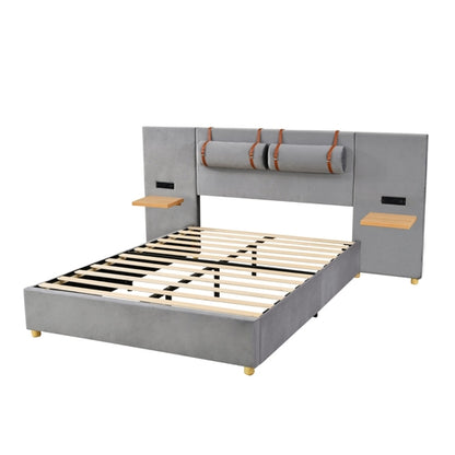 Upholstered Platform Bed with Outlets, USB Ports, Pillows and Storage