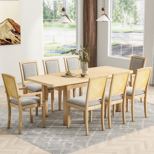 Rustic Extendable Dining Table Set with Removable Leaf, 6 Upholstered
