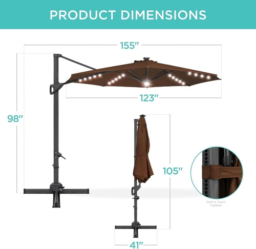 10Ft Solar LED Cantilever Patio Umbrella With 360 Degree Rotation And