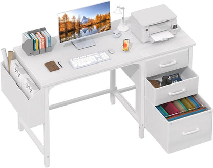 47 Inch White Computer Desk With Fabric File Drawers