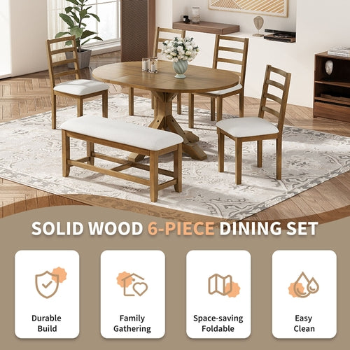 Farmhouse 6-Piece 60inch Extendable Pedestal Dining Table Set with