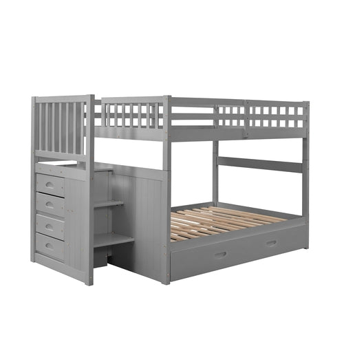 Full over Full Bunk Bed with Twin Size Trundle, Gray