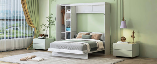 Queen Size Murphy Bed Wall Bed with Shelves, Wardrobe and LED Lights