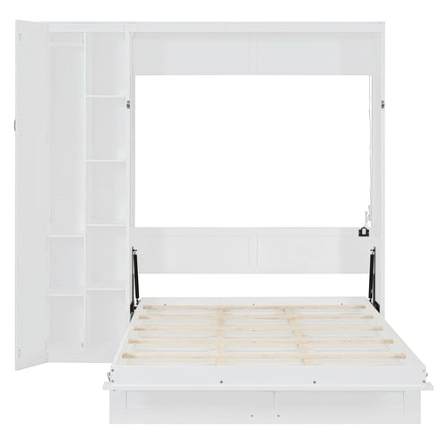 Queen Size Murphy Bed Wall Bed with Shelves, Wardrobe and LED Lights