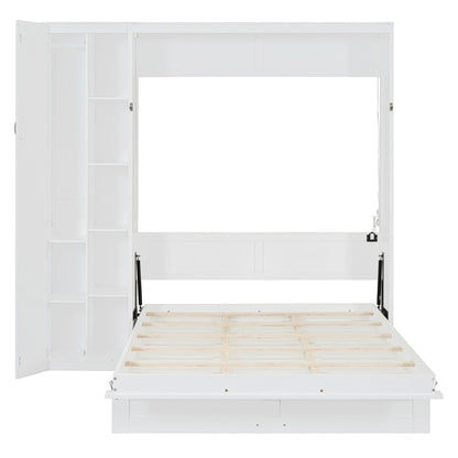 Queen Size Murphy Bed Wall Bed with Shelves, Wardrobe and LED Lights