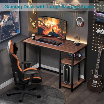 40 Inch Computer Desk With 2 Shelves Brown Sturdy Home Office Gaming