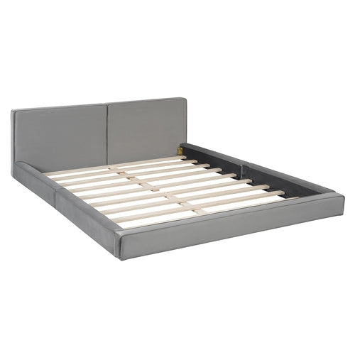 Queen Size Upholstered Platform Bed with Velvet Fabric, Grounded Bed