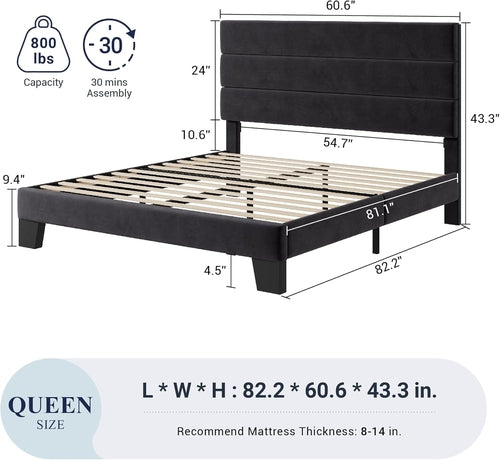 Black Velvet Queen Platform Bed Easy Assembly No Box Spring